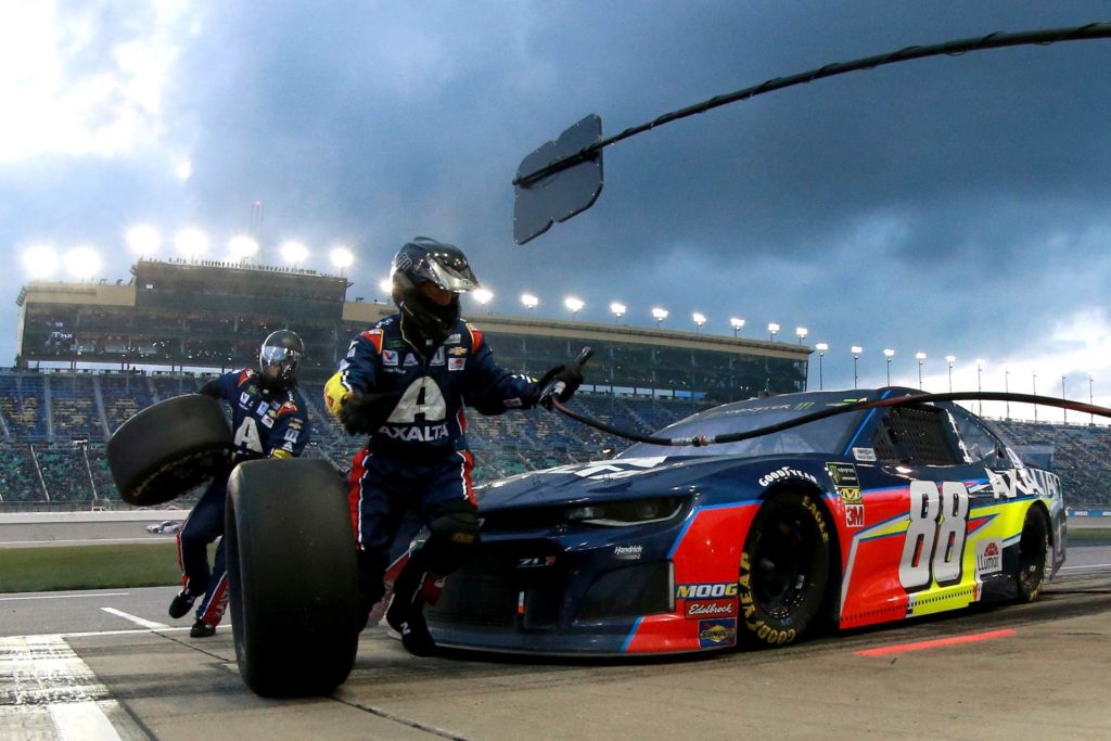 Alex Bowman makes a pitstop during the Digital Ally 400 at Kansas Speedway.