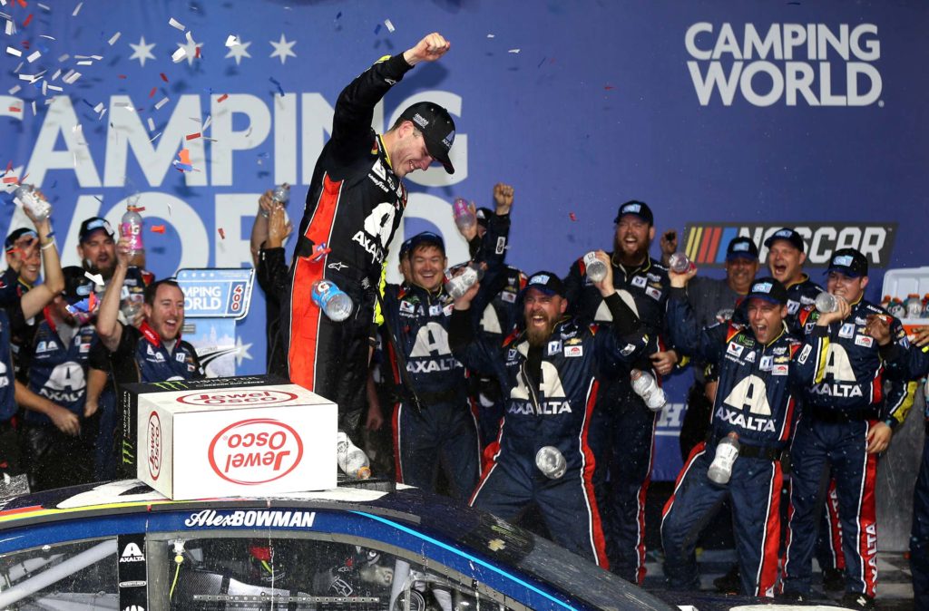 Alex Bowman celebrates in victory lane after winning the Camping World 400 at Chicagoland Speedway