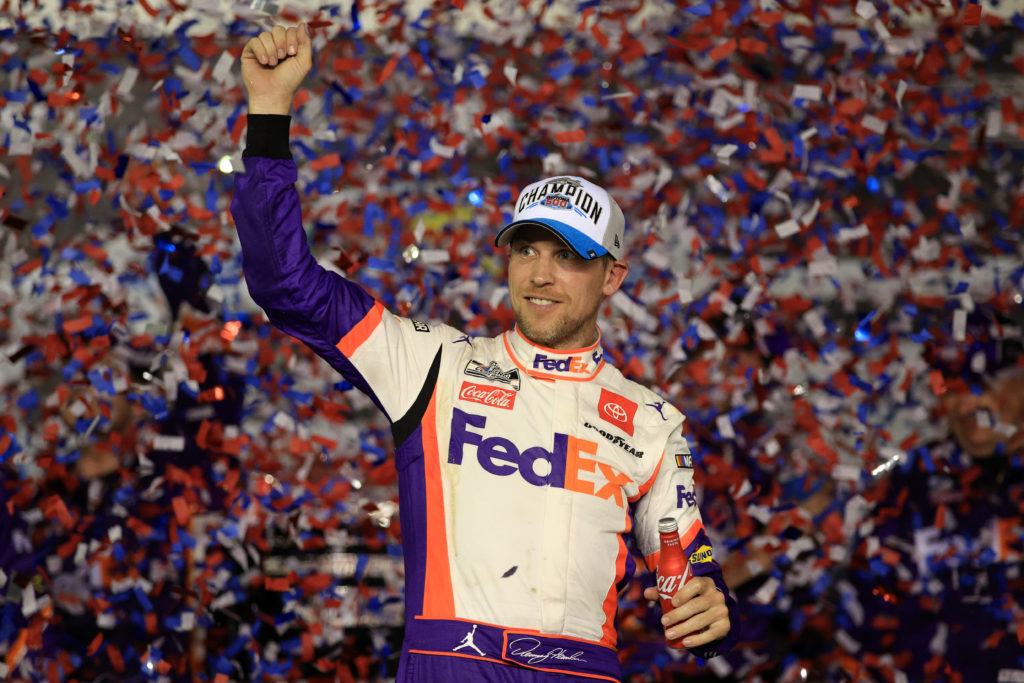 Denny Hamlin's celebration came to a hault following the news of Newman's crash.